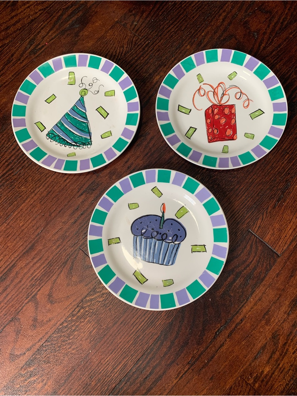 Vintage TAG Year 2000 Hand Painted Ceramic Birthday Cupcake 3 Dessert Plate Set